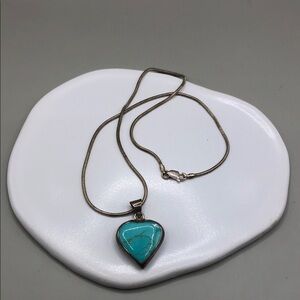Sterling silver 925 chain necklace 2 sided heart pendant turquoise and onyx.